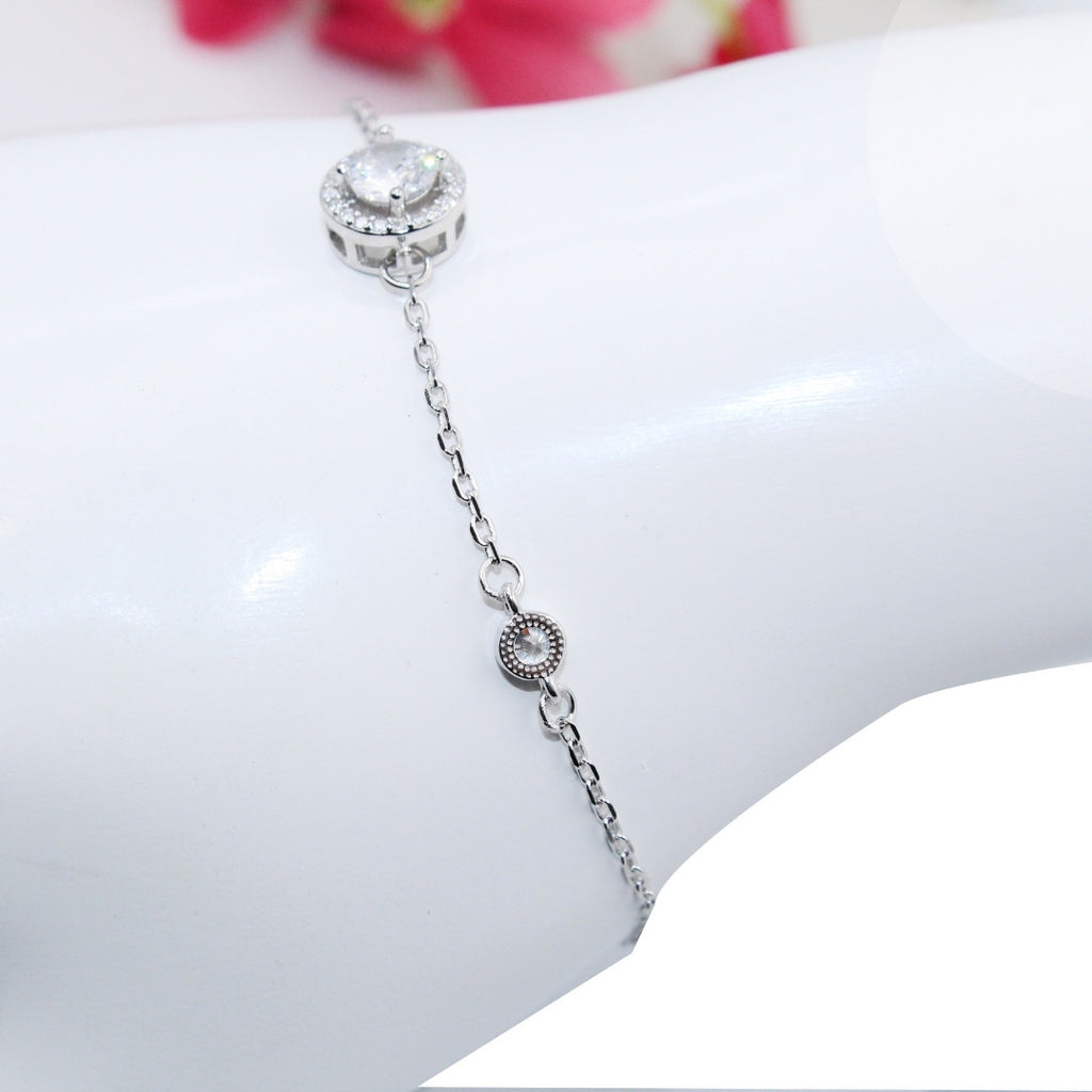 Dainty Solitare Cubic Zirconia Halo Bracelet: 925 Sterling Silver Adjustable Chain