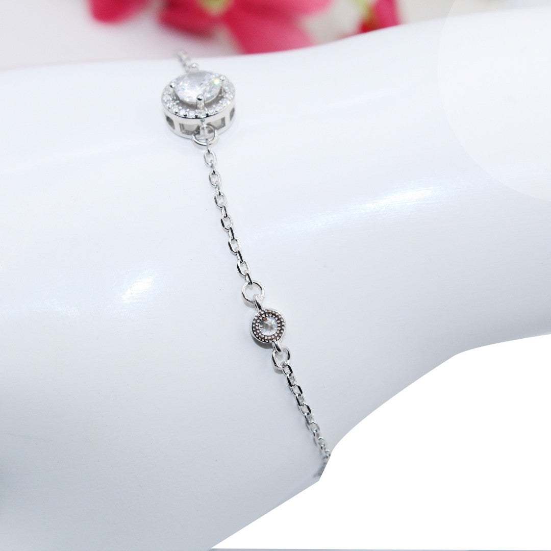 Dainty Solitare Cubic Zirconia Halo Bracelet: 925 Sterling Silver Adjustable Chain