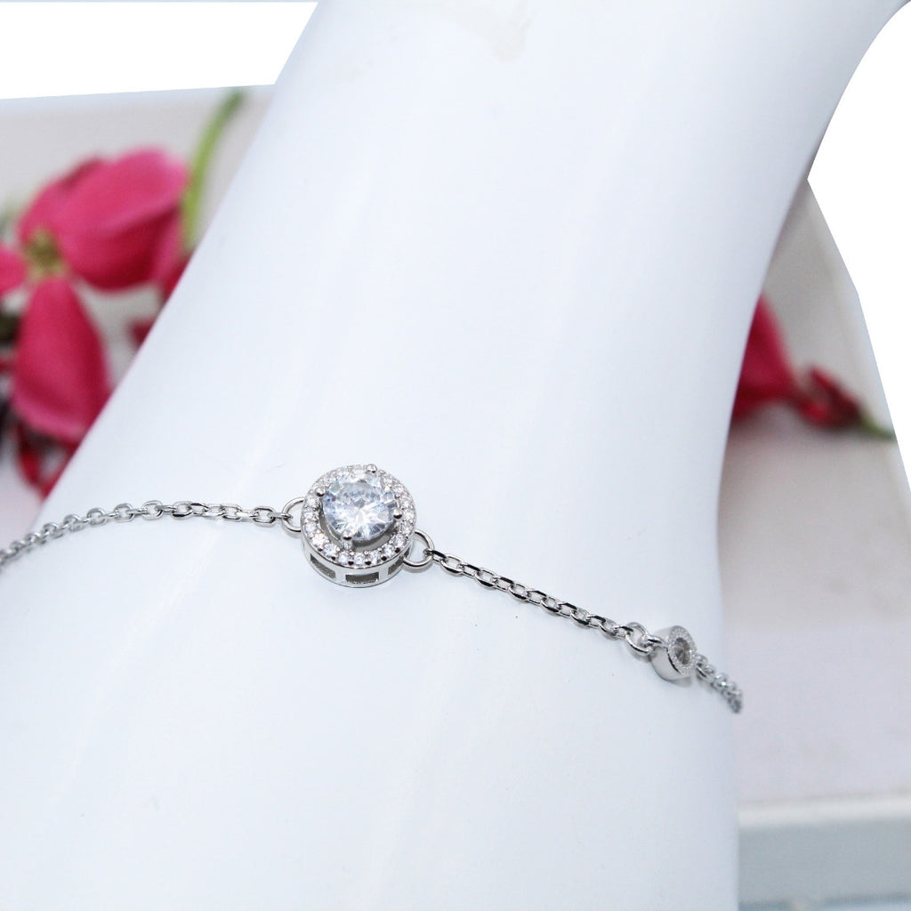 Dainty Solitare Cubic Zirconia Halo Bracelet: 925 Sterling Silver Adjustable Chain