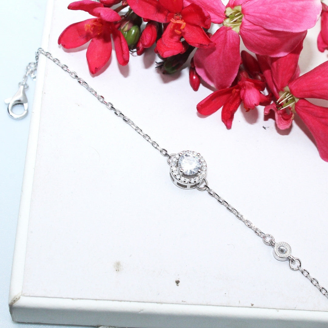 Dainty Solitare Cubic Zirconia Halo Bracelet: 925 Sterling Silver Adjustable Chain