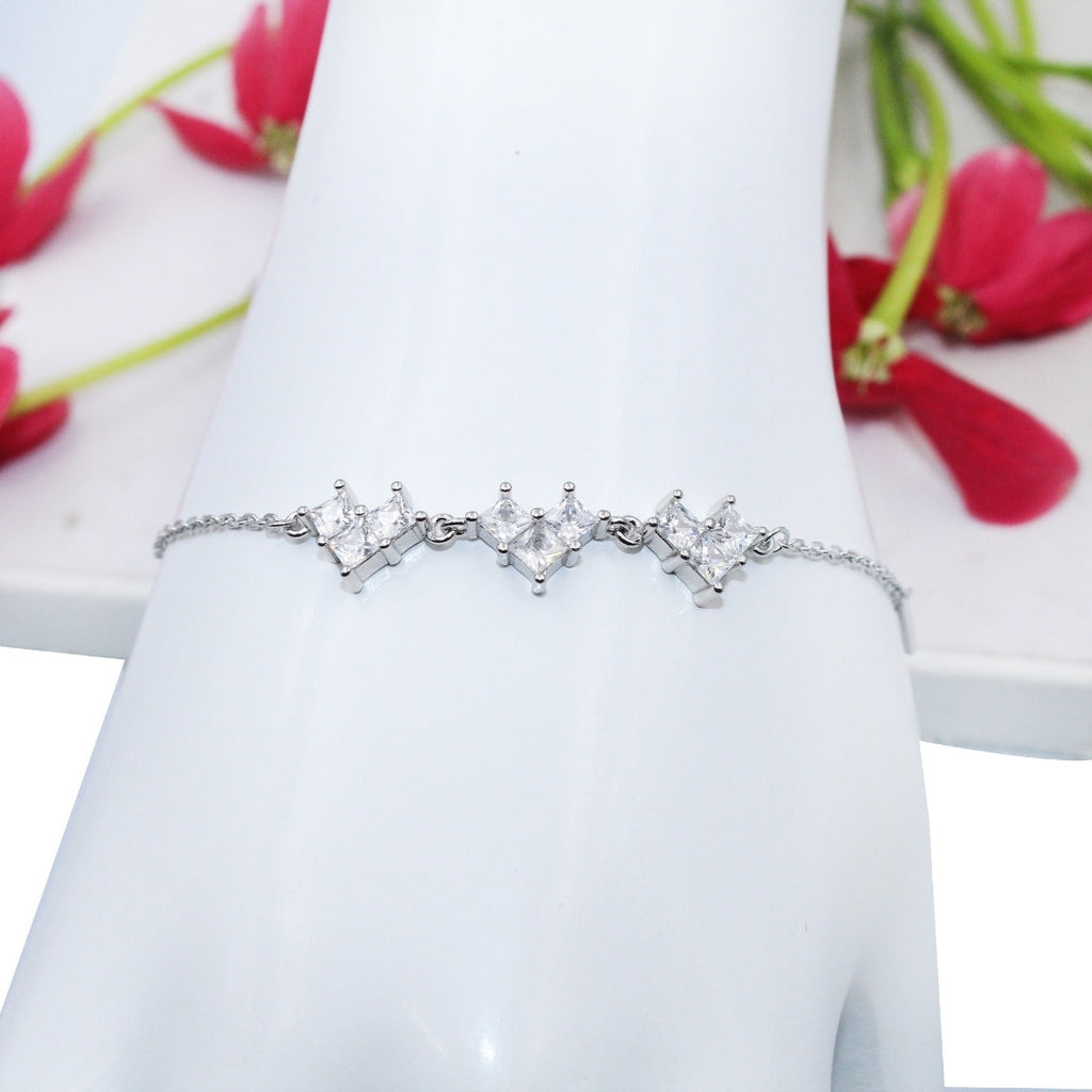 925 Sterling Silver CZ Bracelet: Dainty Square Cut Zircon, Adjustable Elegant Jewelry