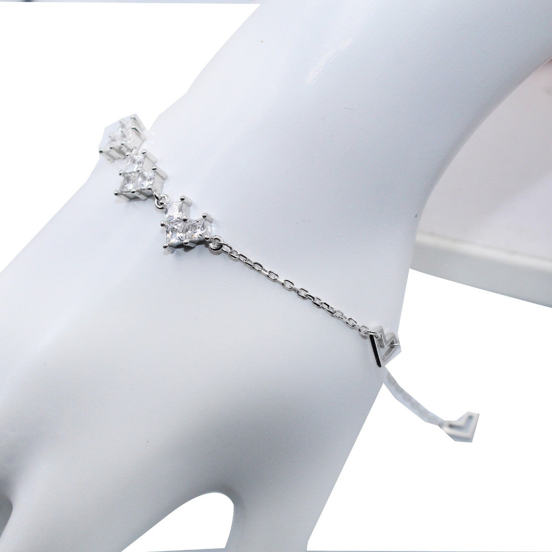 925 Sterling Silver CZ Bracelet: Dainty Square Cut Zircon, Adjustable Elegant Jewelry