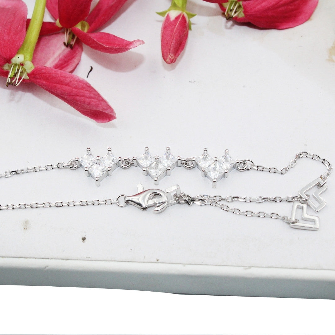 925 Sterling Silver CZ Bracelet: Dainty Square Cut Zircon, Adjustable Elegant Jewelry