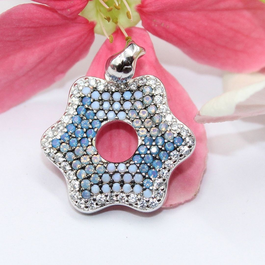 Blue Chalcedony Opalite Flower Pendant 925 Sterling Silver Starburst Necklace