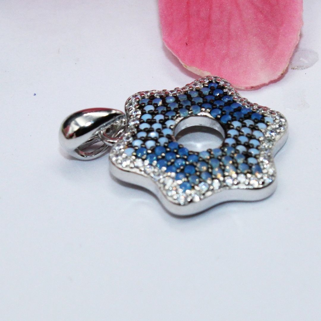 Blue Chalcedony Opalite Flower Pendant 925 Sterling Silver Starburst Necklace
