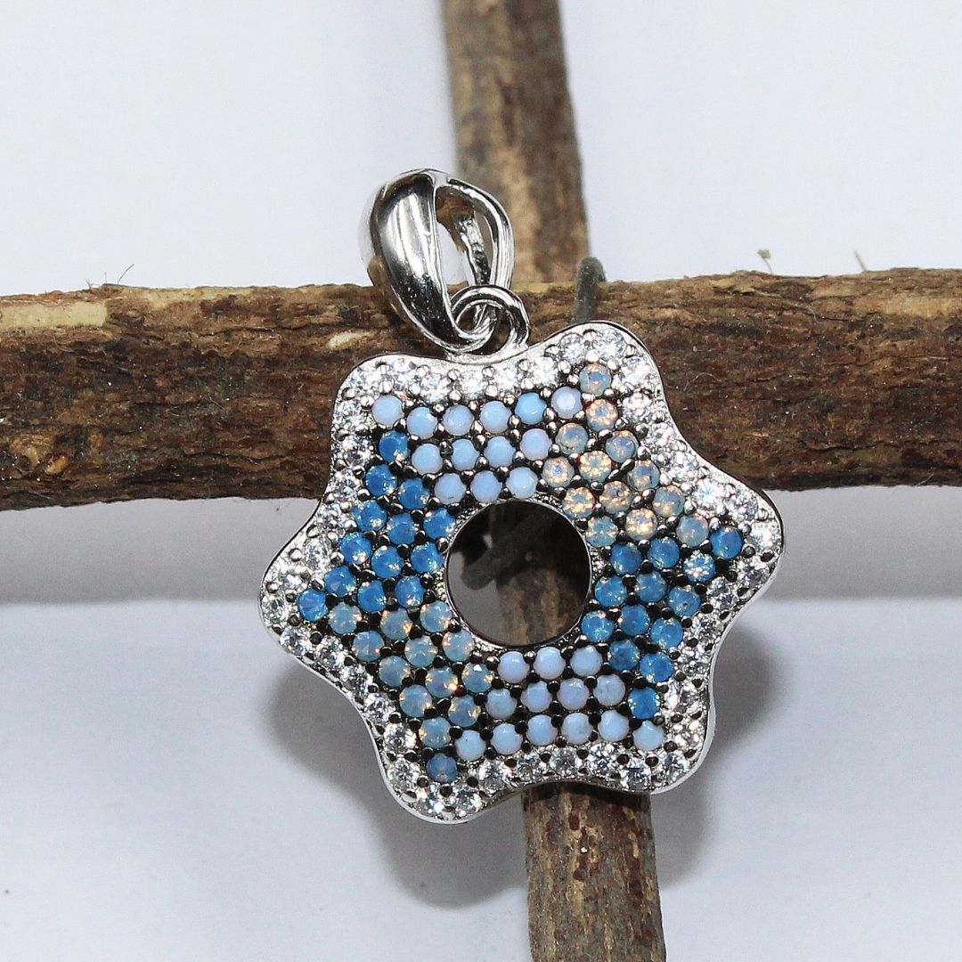 Blue Chalcedony Opalite Flower Pendant 925 Sterling Silver Starburst Necklace