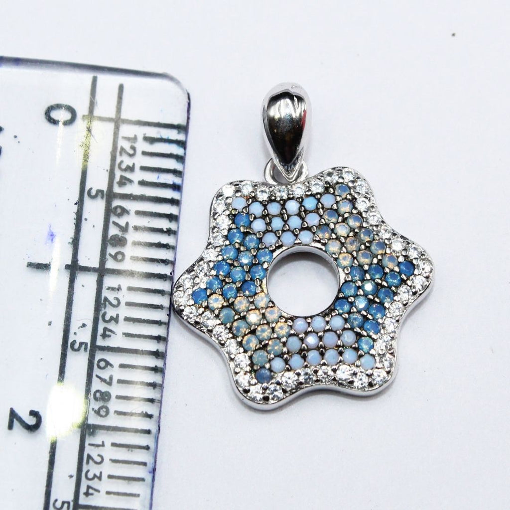 Blue Chalcedony Opalite Flower Pendant 925 Sterling Silver Starburst Necklace