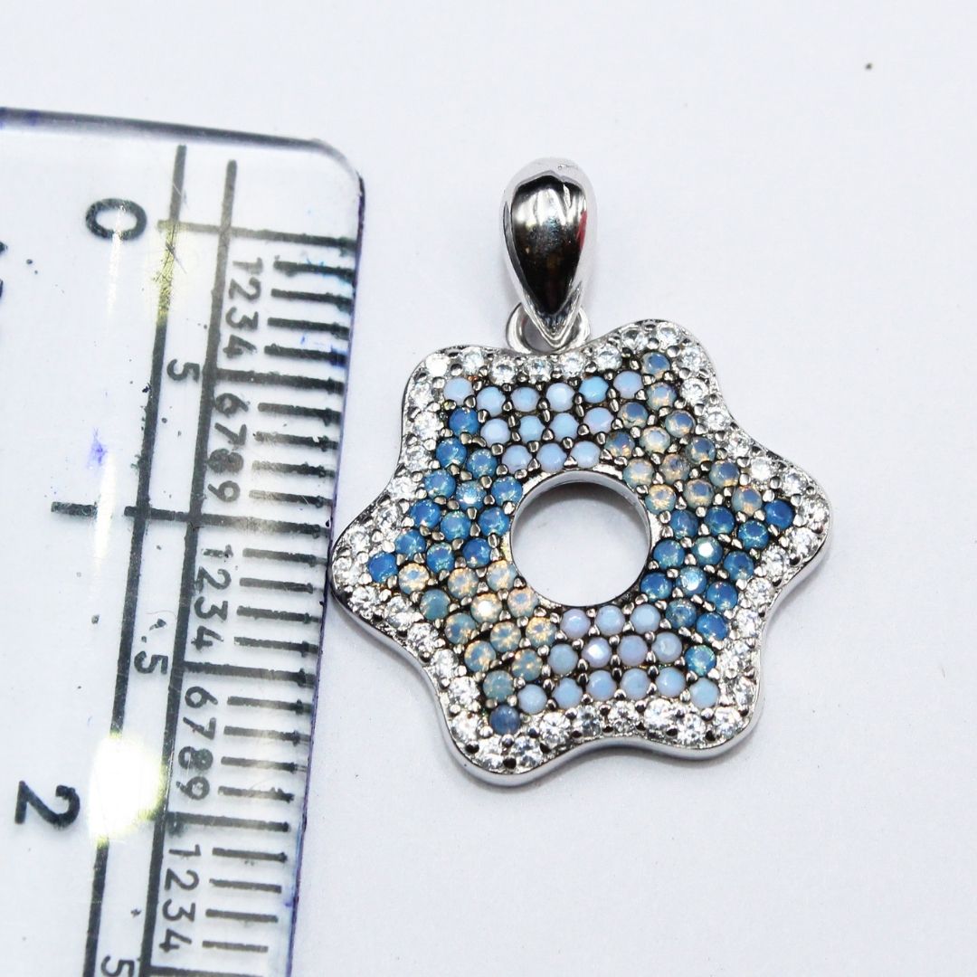 Blue Chalcedony Opalite Flower Pendant 925 Sterling Silver Starburst Necklace