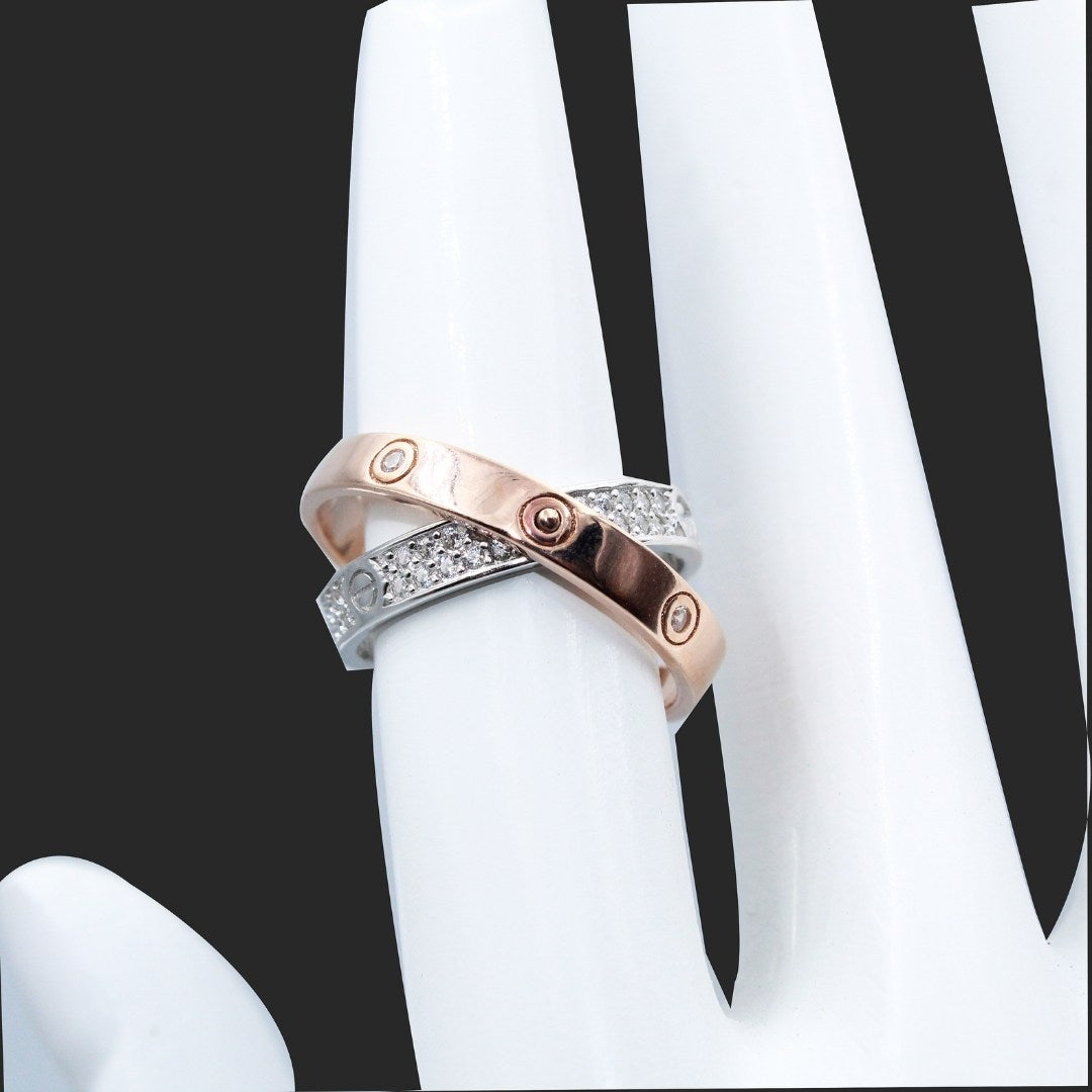 Couple Rings Set | Rose Gold & Silver Promise Ring | CZ Diamond Eternity Band | Unisex Wedding Band | Anniversary Gift for Him & Her | Adjustable Love Ring ( US Size : 5,6,7)