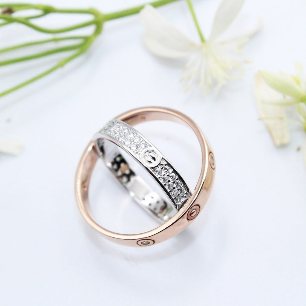Couple Rings Set | Rose Gold & Silver Promise Ring | CZ Diamond Eternity Band | Unisex Wedding Band | Anniversary Gift for Him & Her | Adjustable Love Ring ( US Size : 5,6,7)