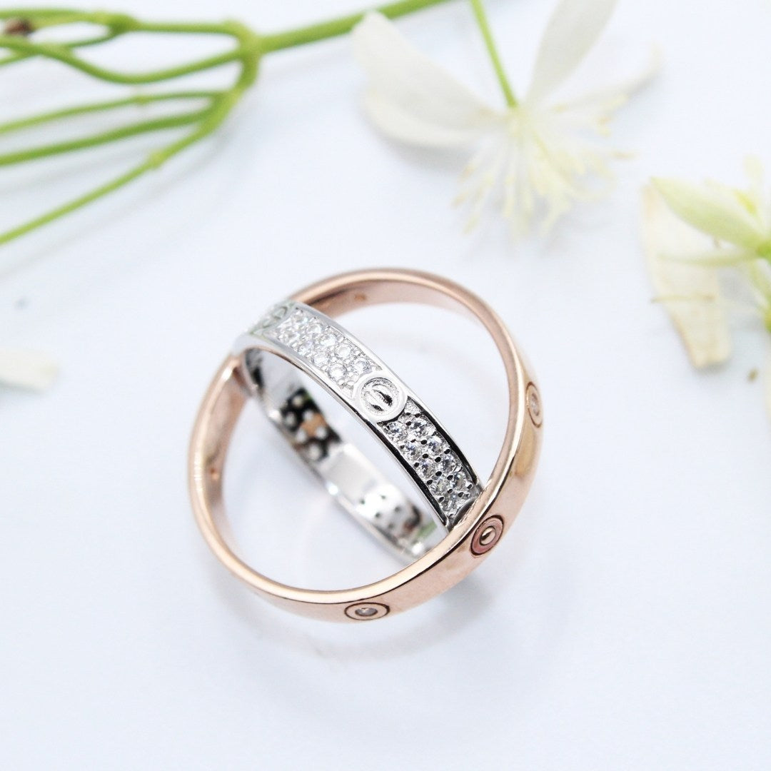 Couple Rings Set | Rose Gold & Silver Promise Ring | CZ Diamond Eternity Band | Unisex Wedding Band | Anniversary Gift for Him & Her | Adjustable Love Ring ( US Size : 5,6,7)