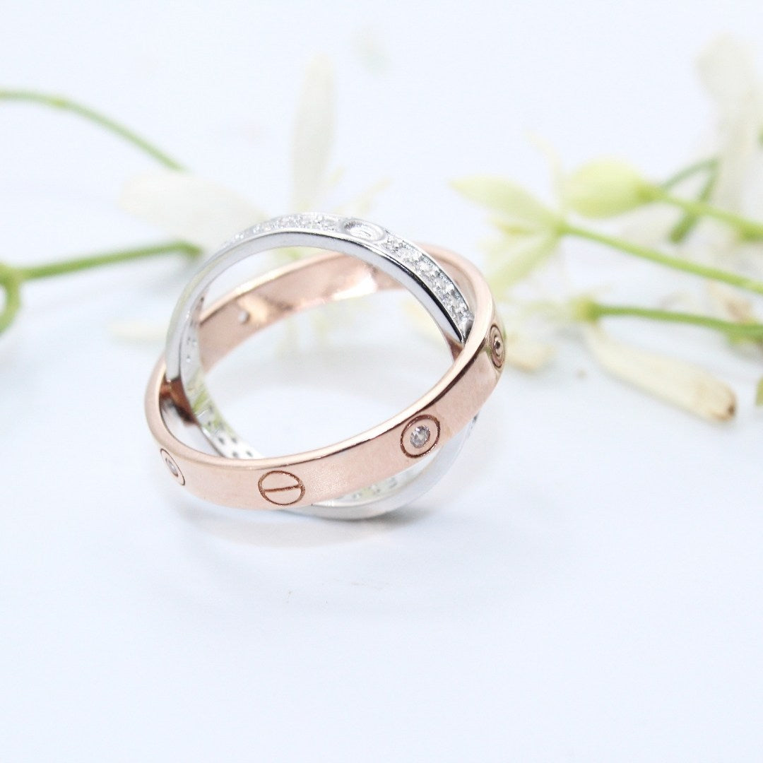 Couple Rings Set | Rose Gold & Silver Promise Ring | CZ Diamond Eternity Band | Unisex Wedding Band | Anniversary Gift for Him & Her | Adjustable Love Ring ( US Size : 5,6,7)