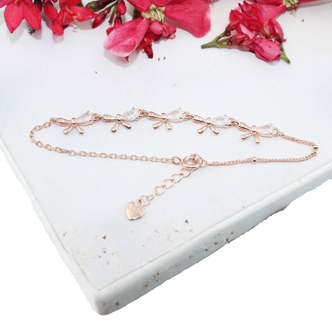 Rose Gold Bow Bracelet: Cubic Zirconia 925 Sterling Silver