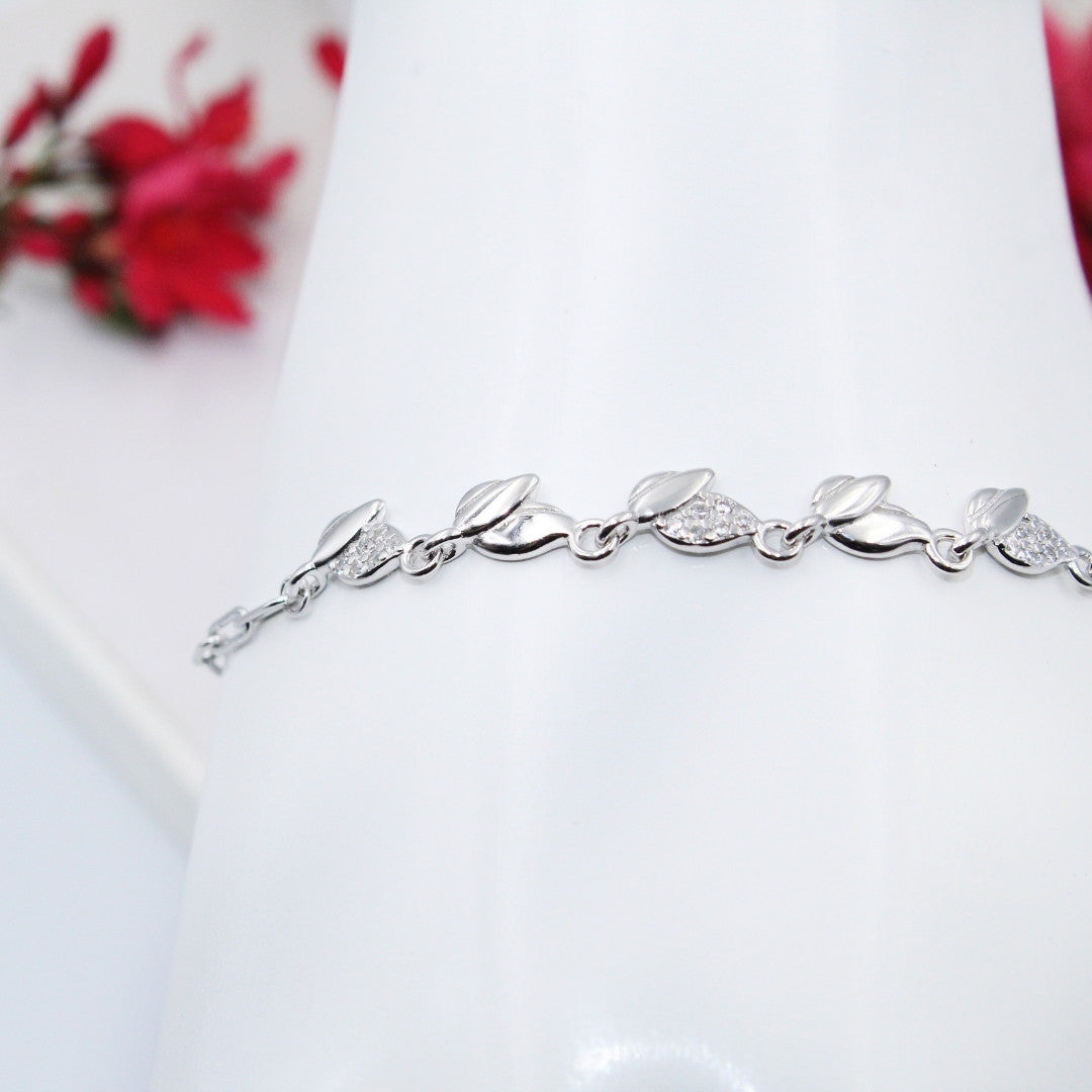 Leaf 925 Sterling Silver Bracelet CZ Stone Accents, Adjustable Chain
