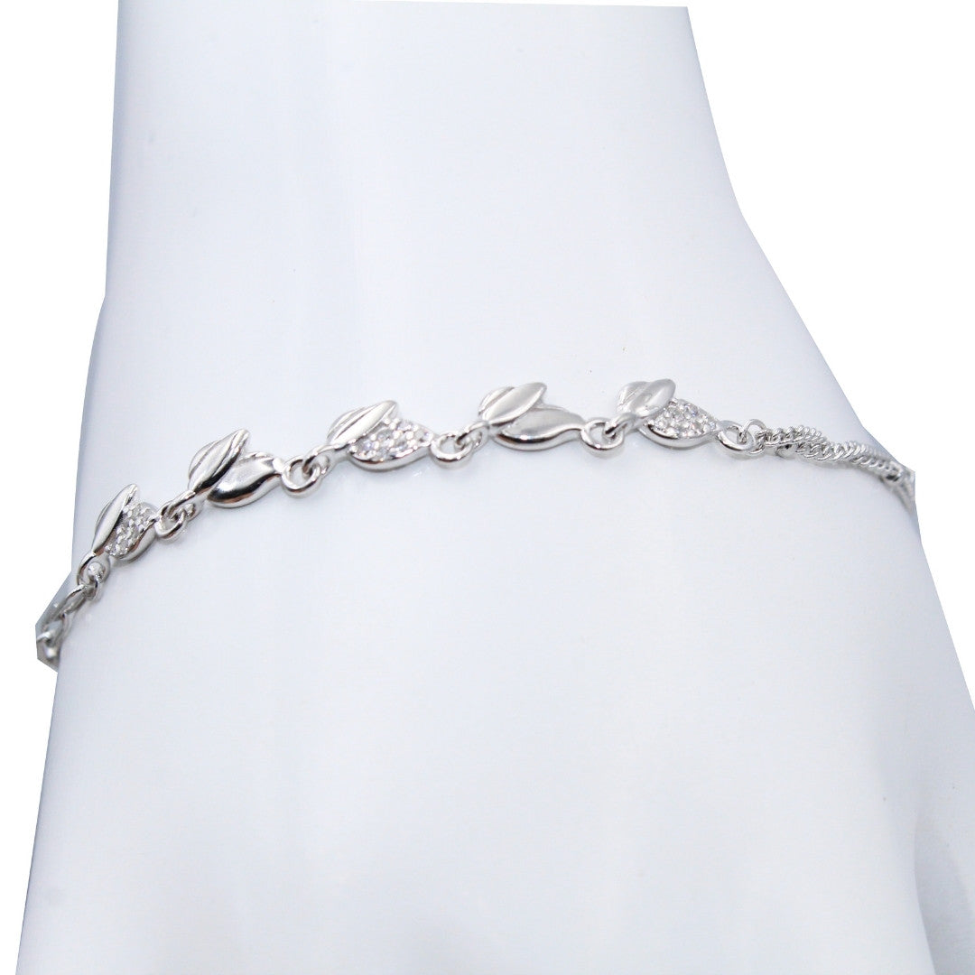 Leaf 925 Sterling Silver Bracelet CZ Stone Accents, Adjustable Chain