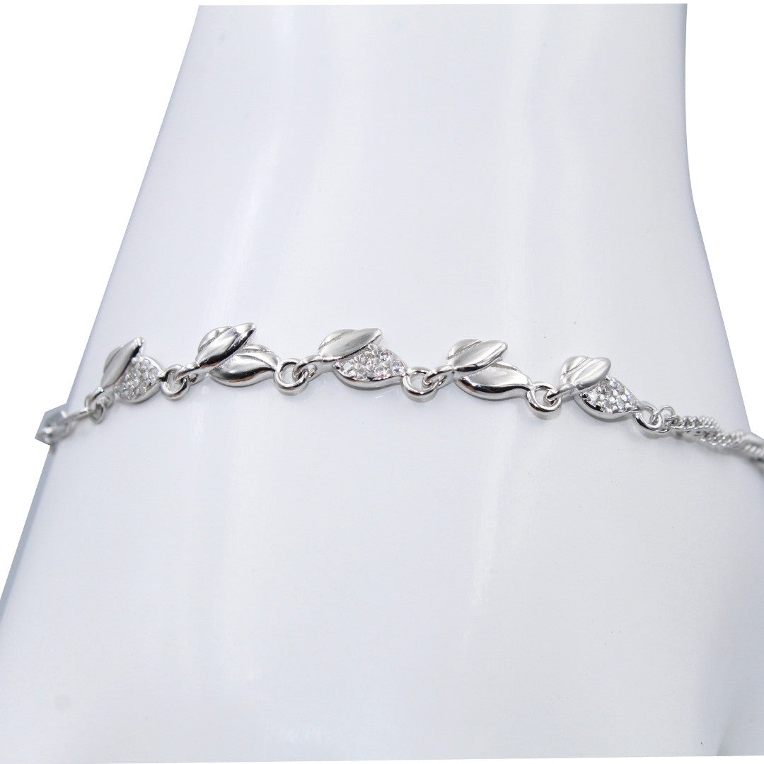 Leaf 925 Sterling Silver Bracelet CZ Stone Accents, Adjustable Chain