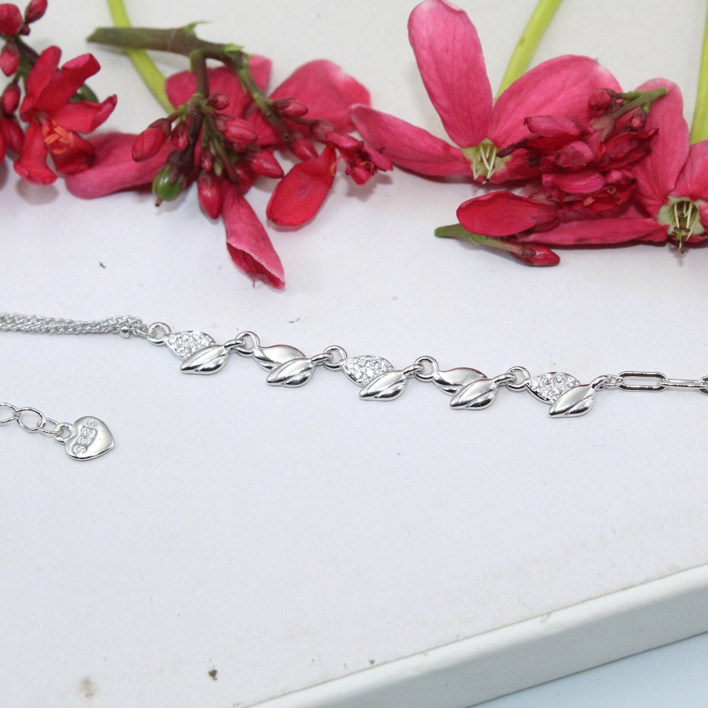Leaf 925 Sterling Silver Bracelet CZ Stone Accents, Adjustable Chain