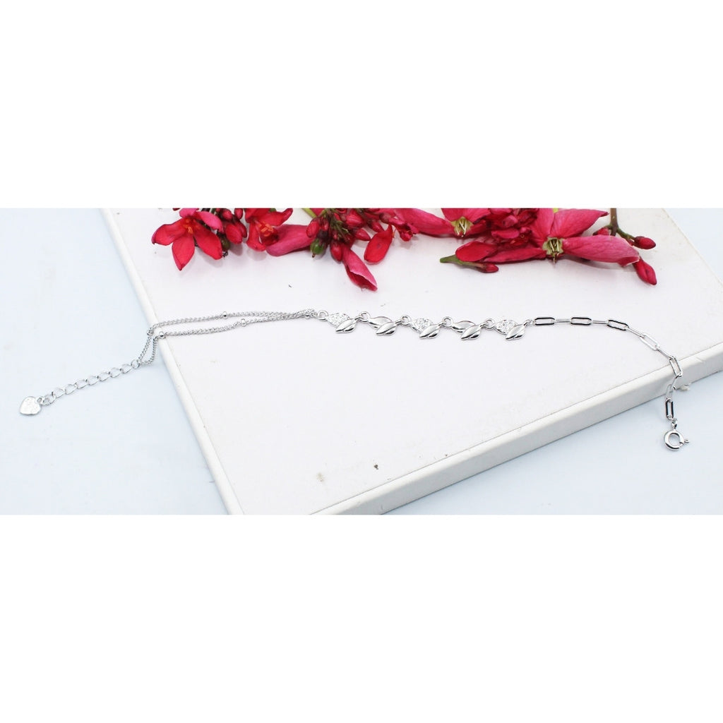 Leaf 925 Sterling Silver Bracelet CZ Stone Accents, Adjustable Chain