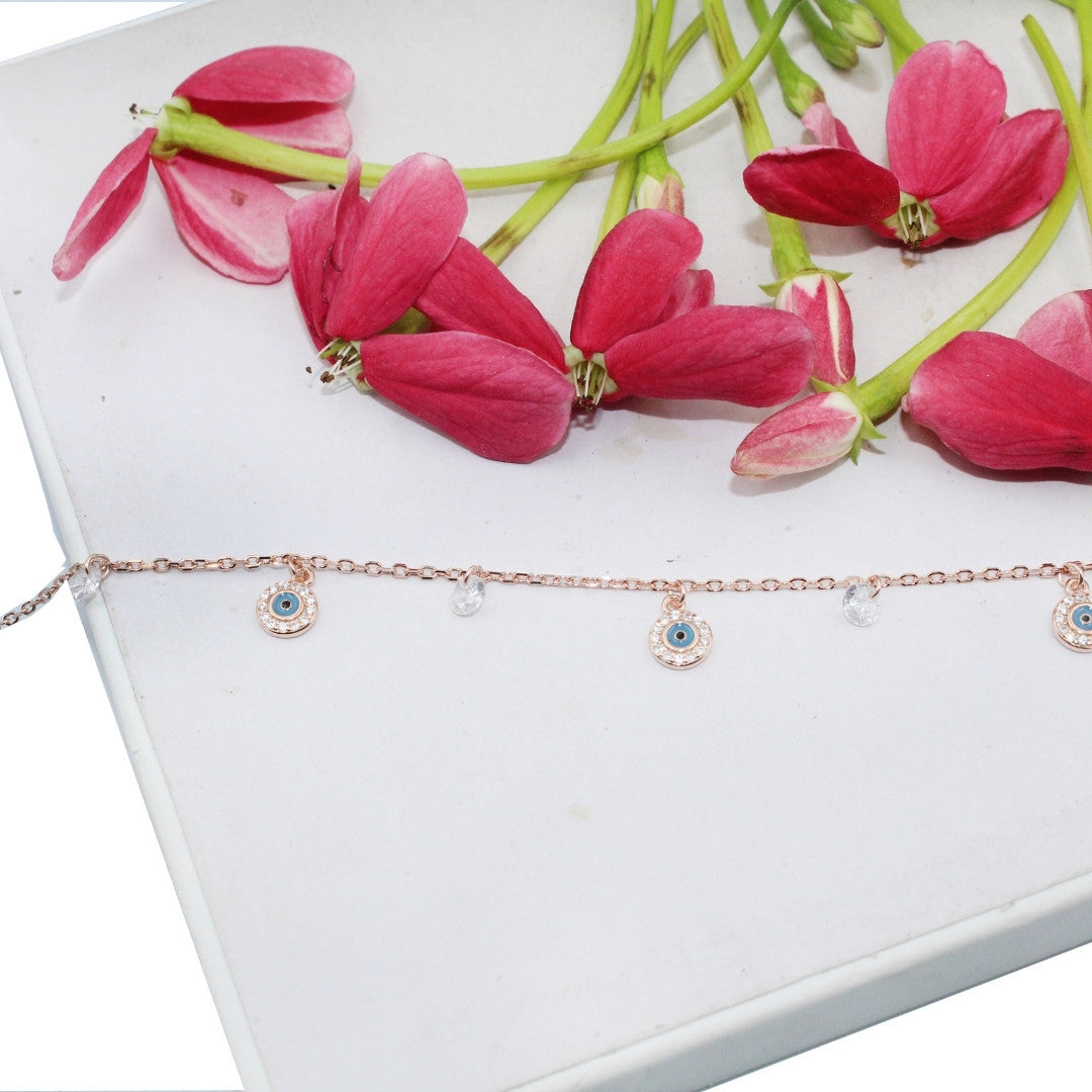 Rose Gold Evil Eye Bracelet 925 Sterling Silver, CZ Crystals, Adjustable Charm