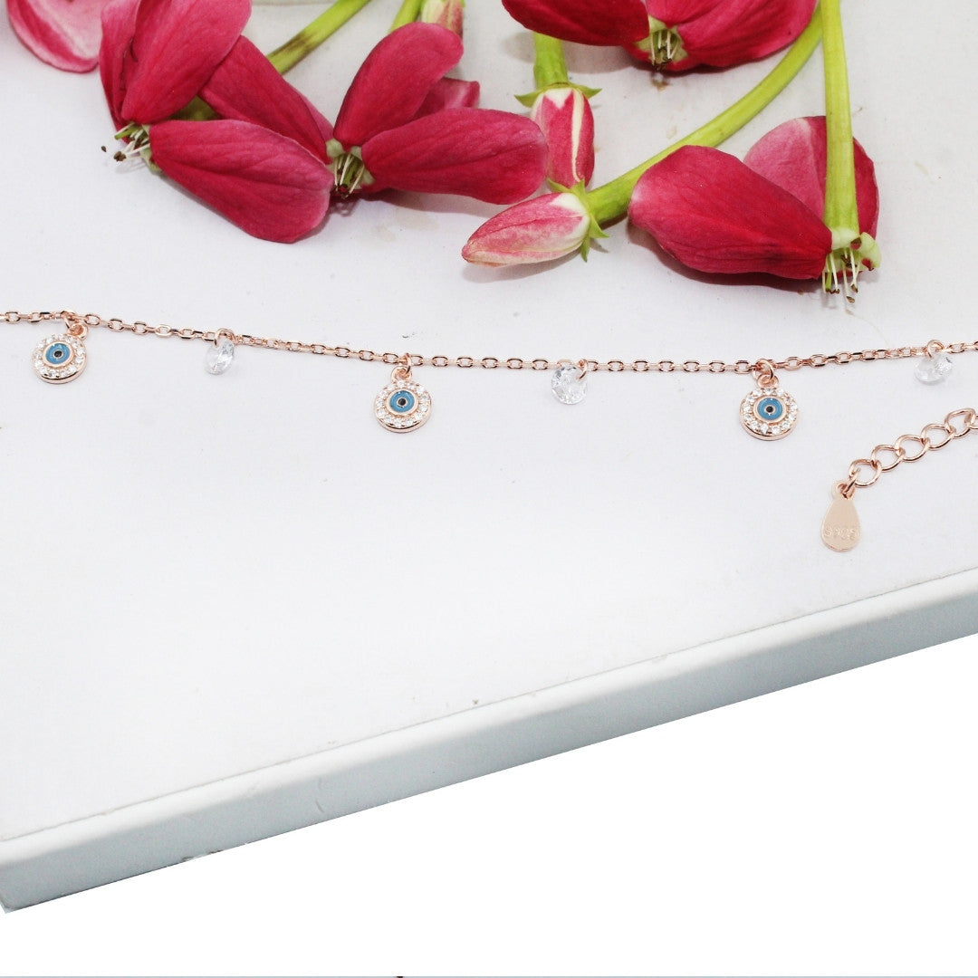 Rose Gold Evil Eye Bracelet 925 Sterling Silver, CZ Crystals, Adjustable Charm