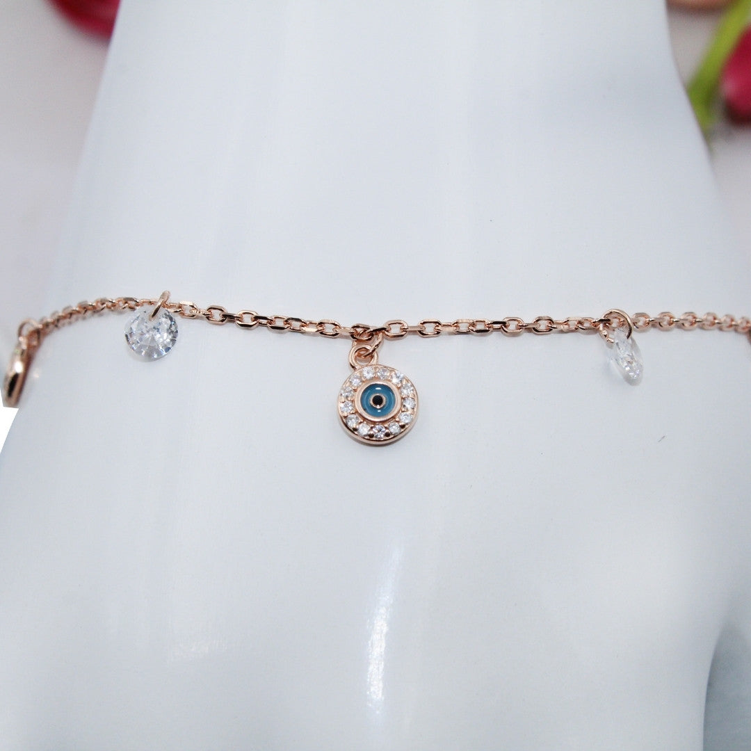 Rose Gold Evil Eye Bracelet 925 Sterling Silver, CZ Crystals, Adjustable Charm
