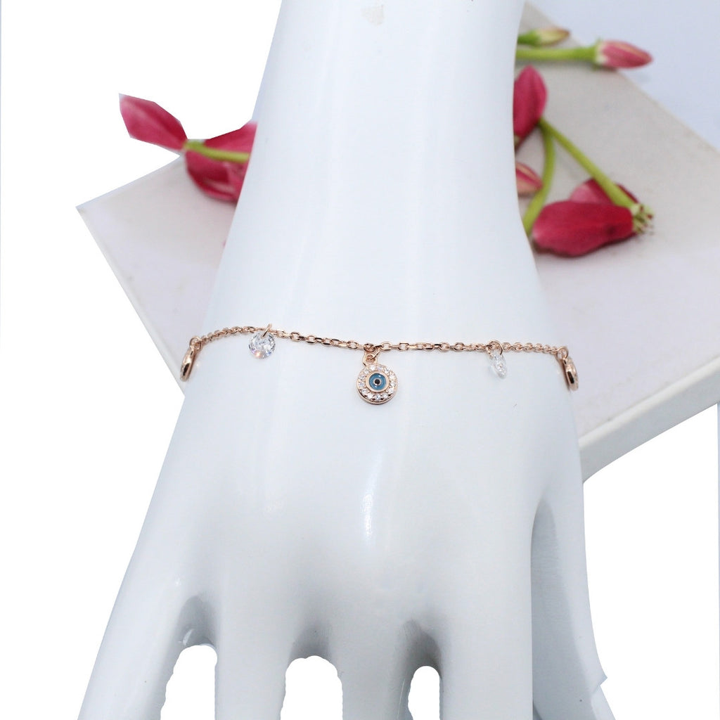 Rose Gold Evil Eye Bracelet 925 Sterling Silver, CZ Crystals, Adjustable Charm