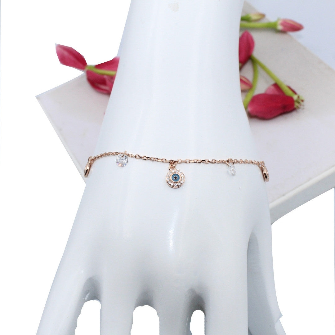 Rose Gold Evil Eye Bracelet 925 Sterling Silver, CZ Crystals, Adjustable Charm