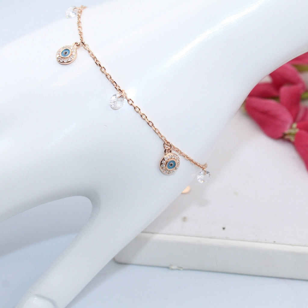 Rose Gold Evil Eye Bracelet 925 Sterling Silver, CZ Crystals, Adjustable Charm