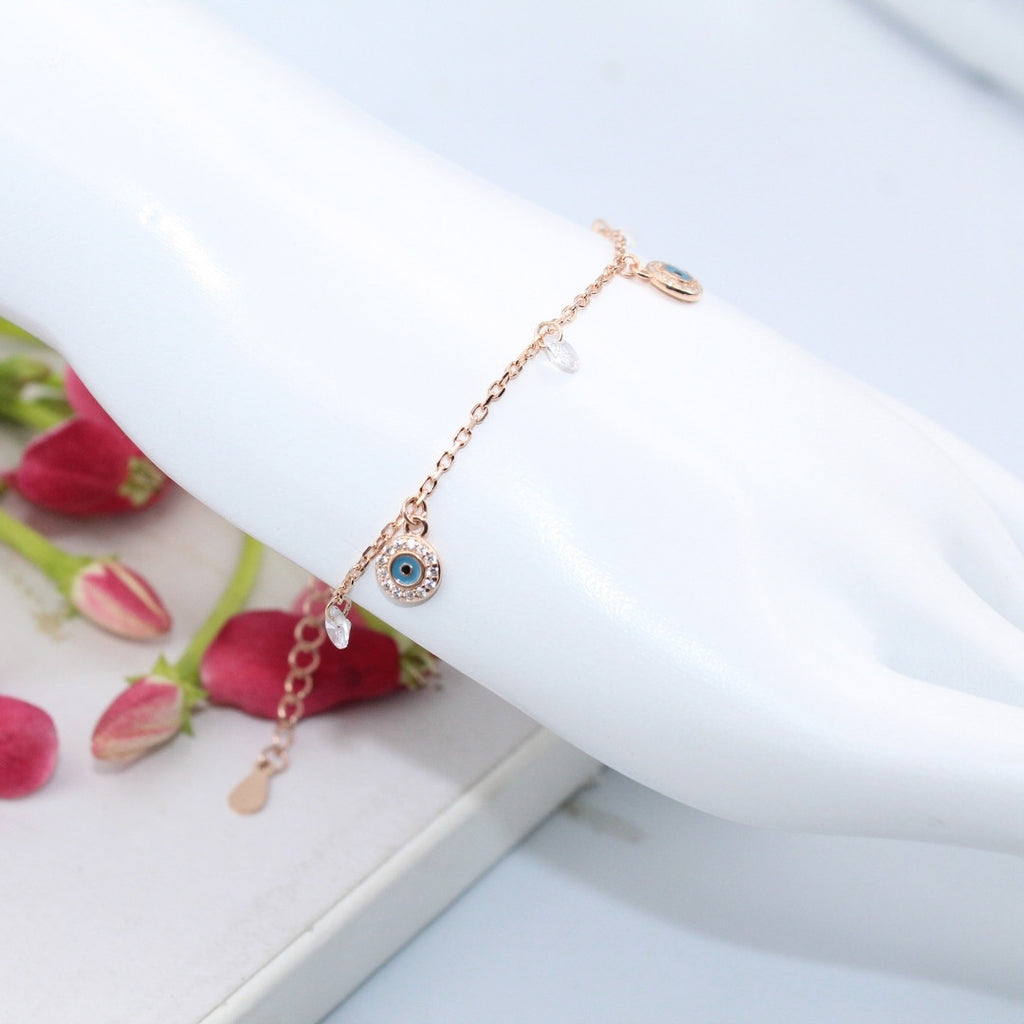 Rose Gold Evil Eye Bracelet 925 Sterling Silver, CZ Crystals, Adjustable Charm