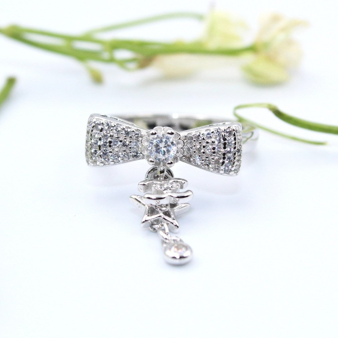 925 Sterling Silver Bow Ring: Star Charm, Cubic Zirconia Crystals ( Size : US-5)