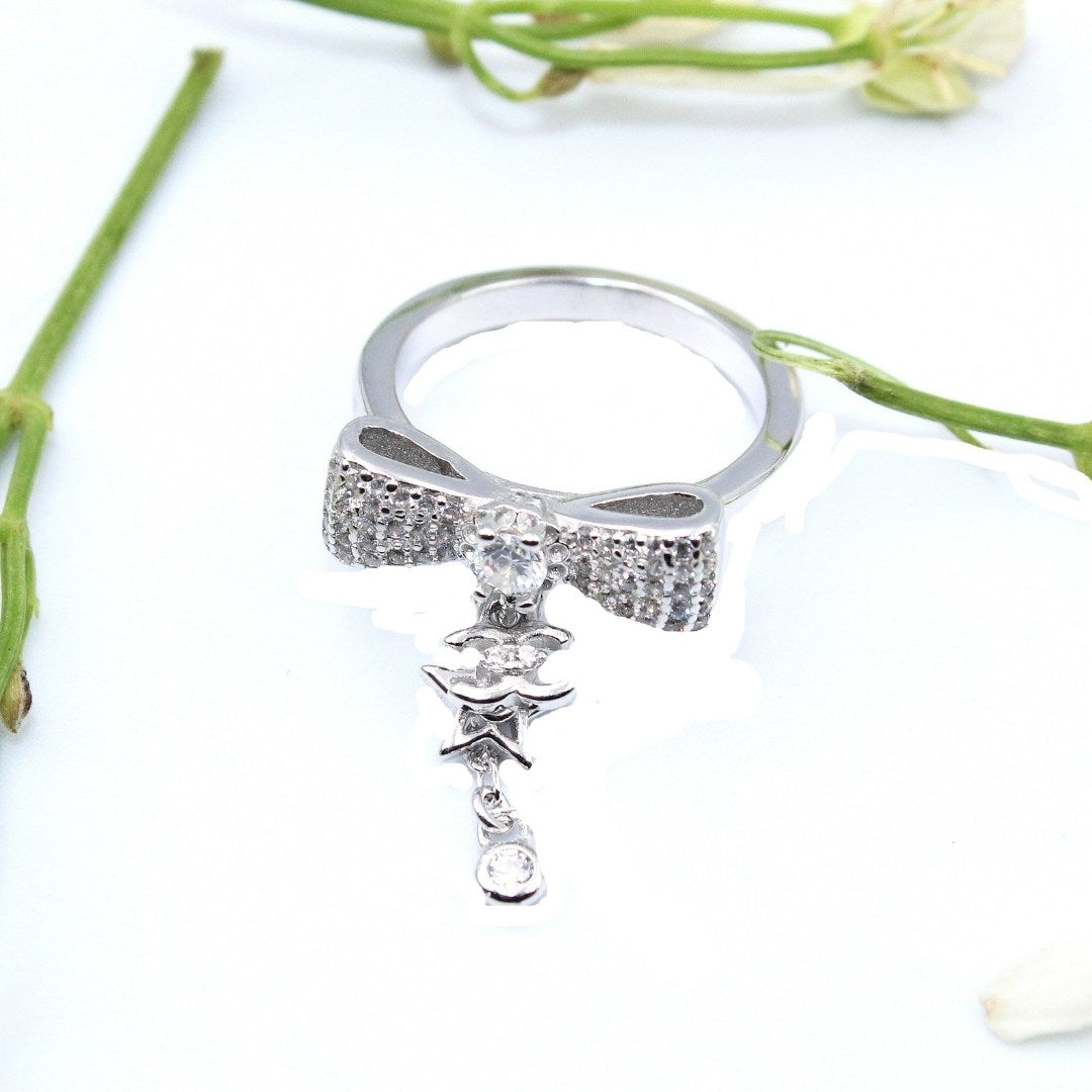925 Sterling Silver Bow Ring: Star Charm, Cubic Zirconia Crystals ( Size : US-5)