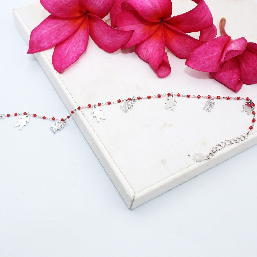 925 Sterling Silver Christmas Charm Bracelet: Red Beads, Tree & Angel Charms