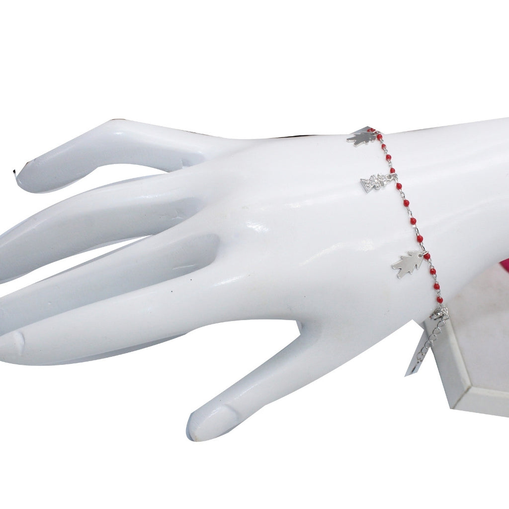 925 Sterling Silver Christmas Charm Bracelet: Red Beads, Tree & Angel Charms