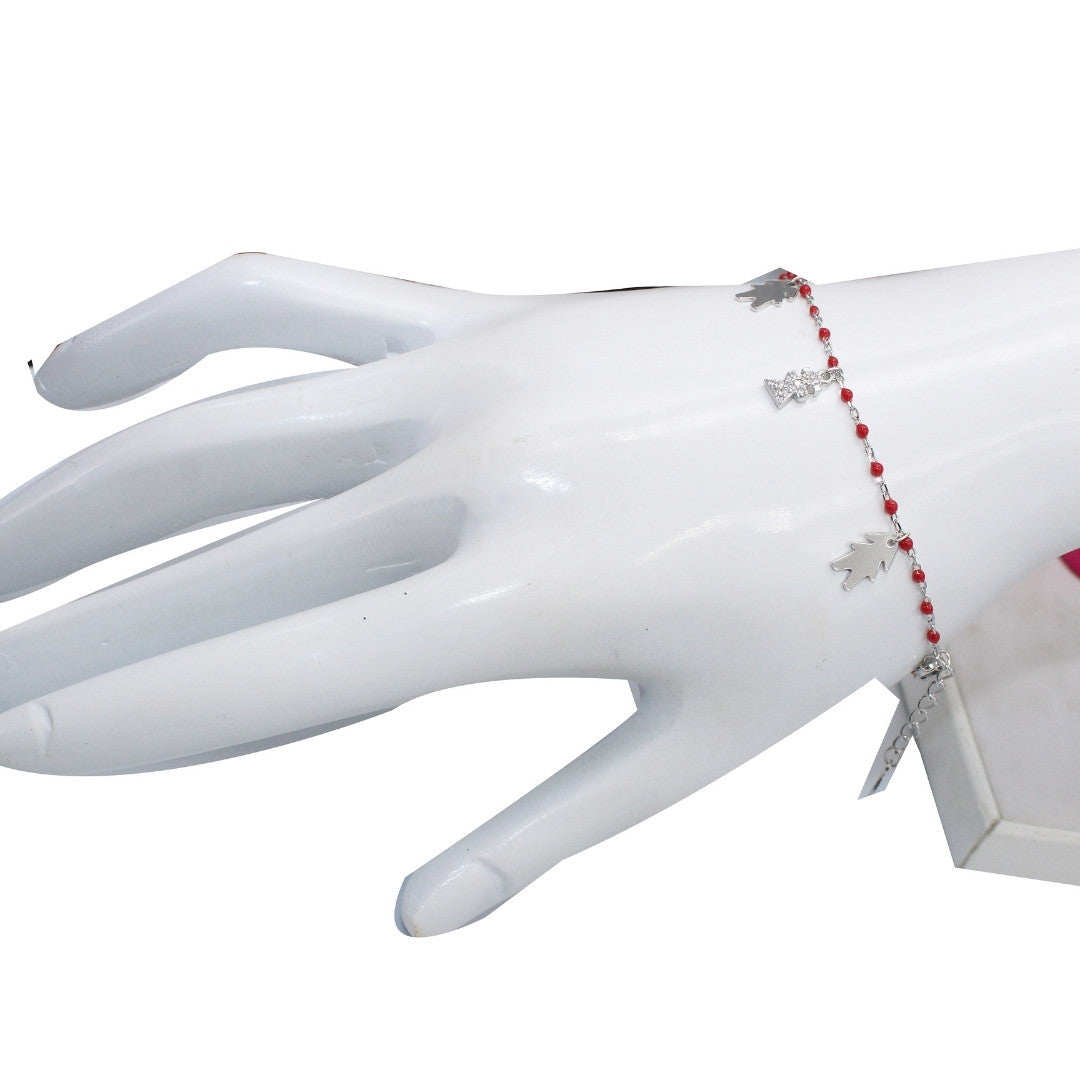 925 Sterling Silver Christmas Charm Bracelet: Red Beads, Tree & Angel Charms