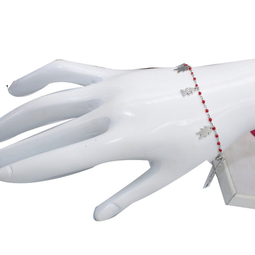 925 Sterling Silver Christmas Charm Bracelet: Red Beads, Tree & Angel Charms