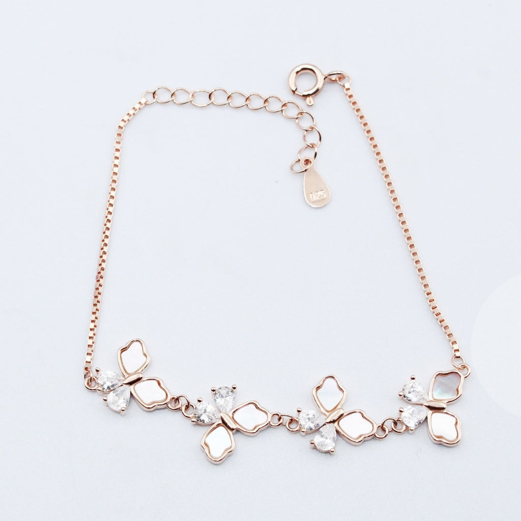 Rose Gold Flower Shape Adjustable Bracelet: Mother of Pearl, Crystal 925 Sterling Silver