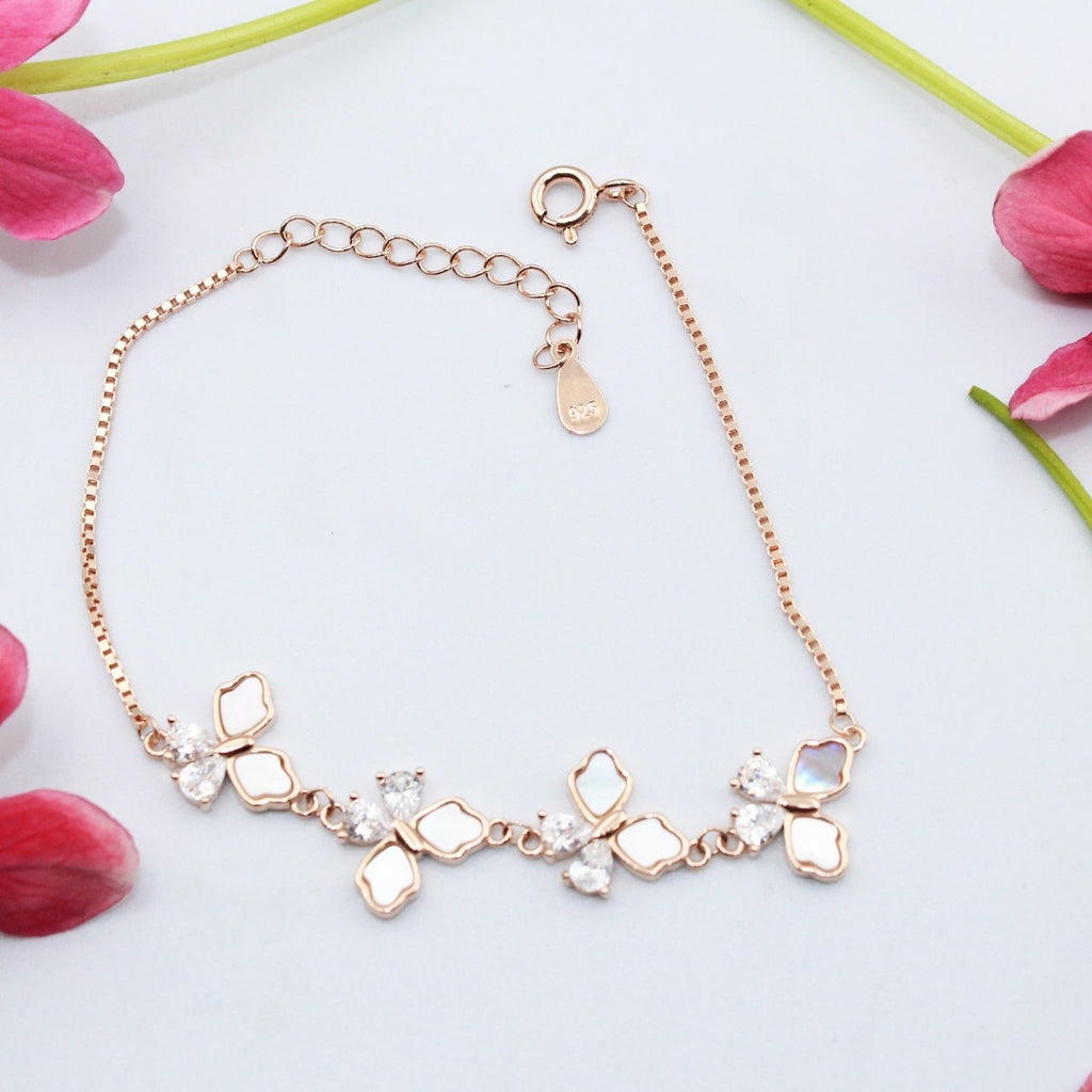 Rose Gold Flower Shape Adjustable Bracelet: Mother of Pearl, Crystal 925 Sterling Silver