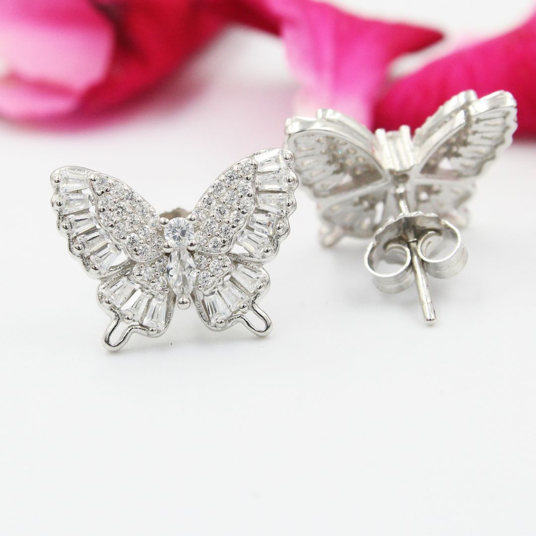 Butterfly Stud Earrings 925 Sterling Silver Crystal Accent Jewelry