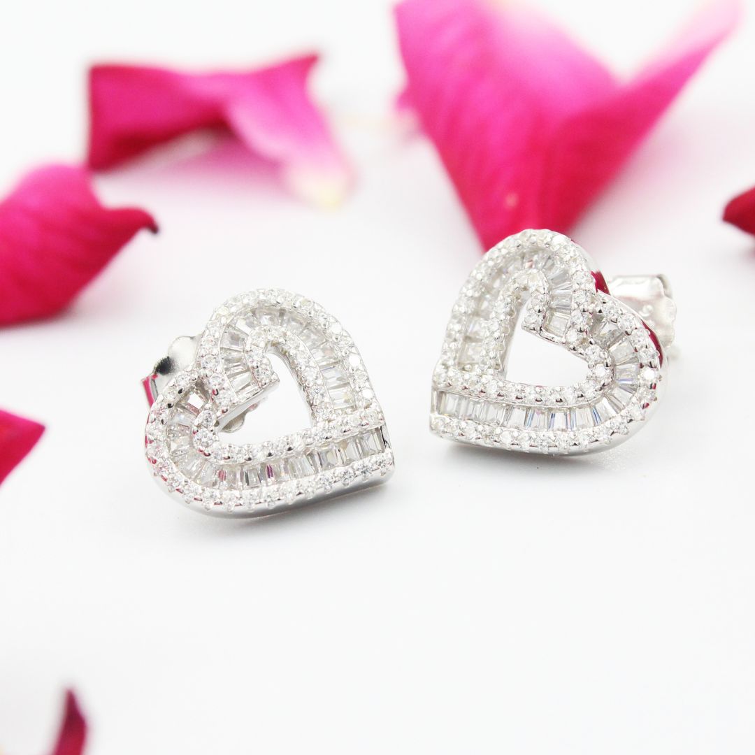 Dainty Crystal Heart Stud Earrings 925 Sterling Silver