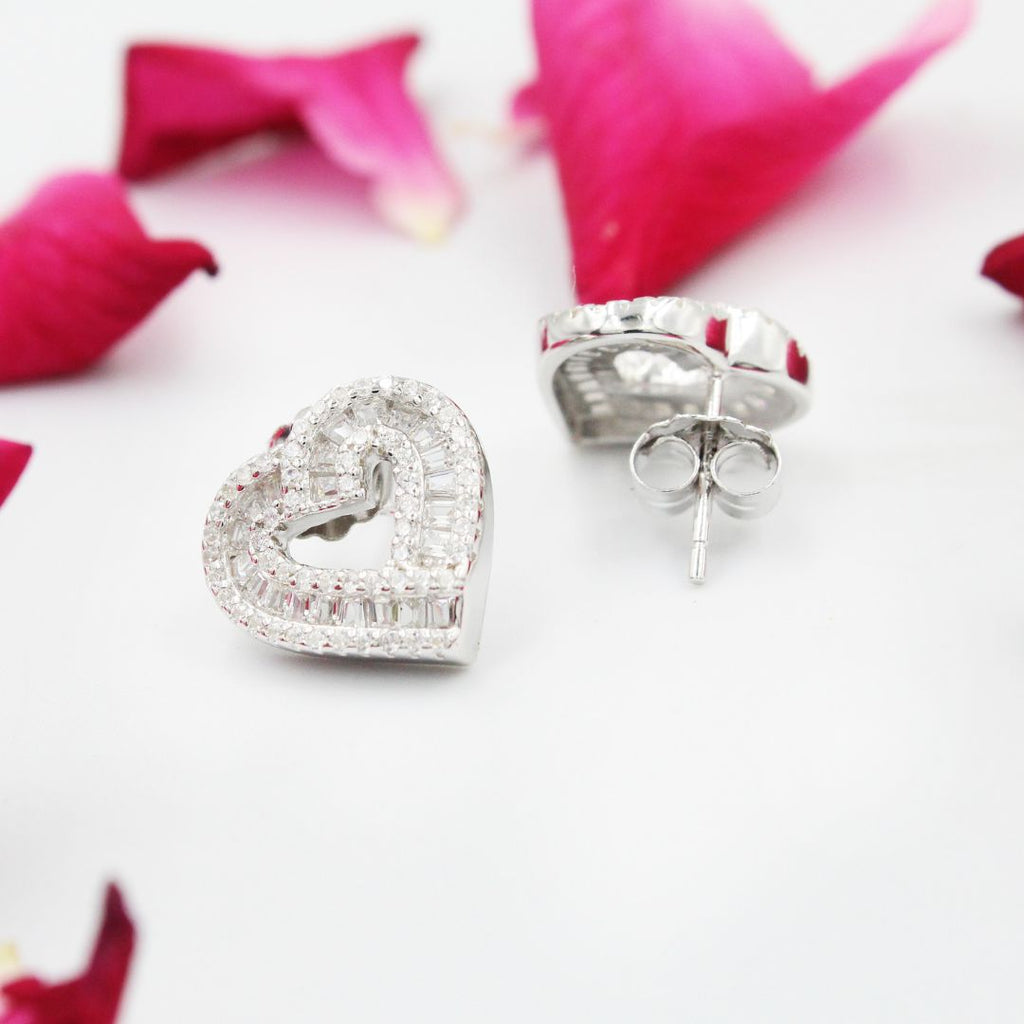 Dainty Crystal Heart Stud Earrings 925 Sterling Silver