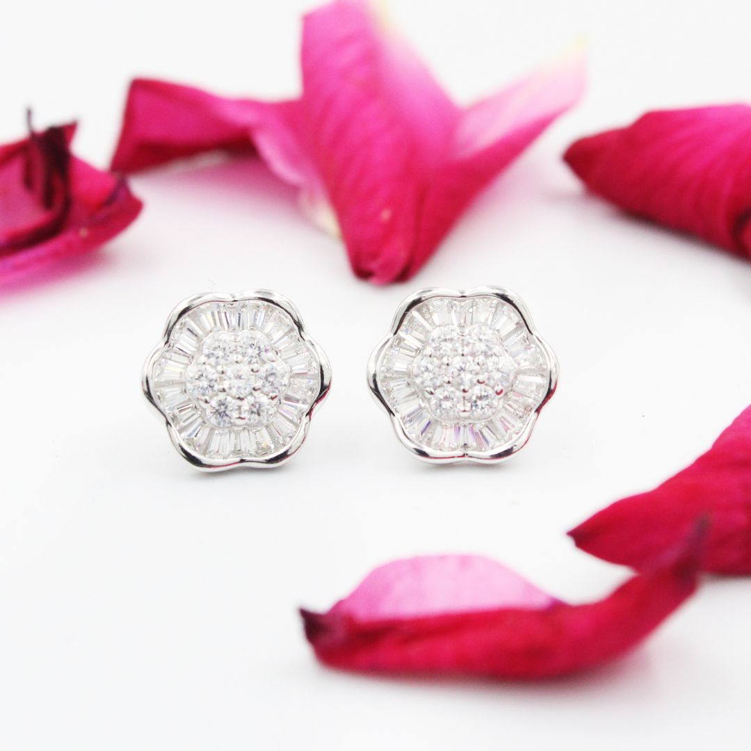 Flower 925 Sterling Silver Stud Earrings Cubic Zirconia Crystal Floral Jewelry