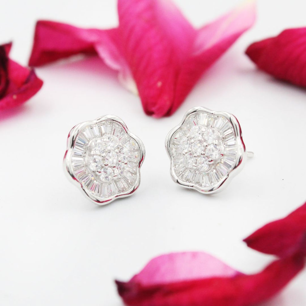 Flower 925 Sterling Silver Stud Earrings Cubic Zirconia Crystal Floral Jewelry