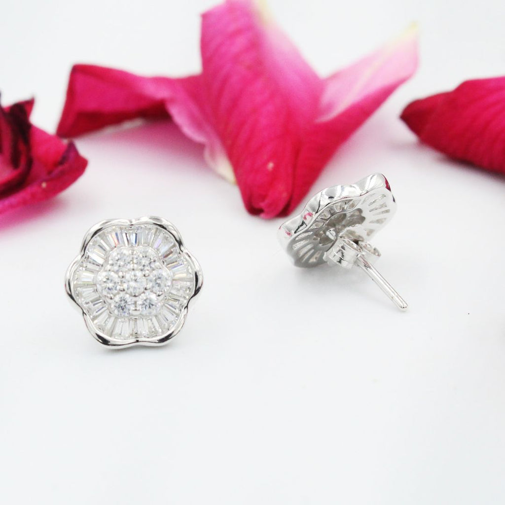Flower 925 Sterling Silver Stud Earrings Cubic Zirconia Crystal Floral Jewelry