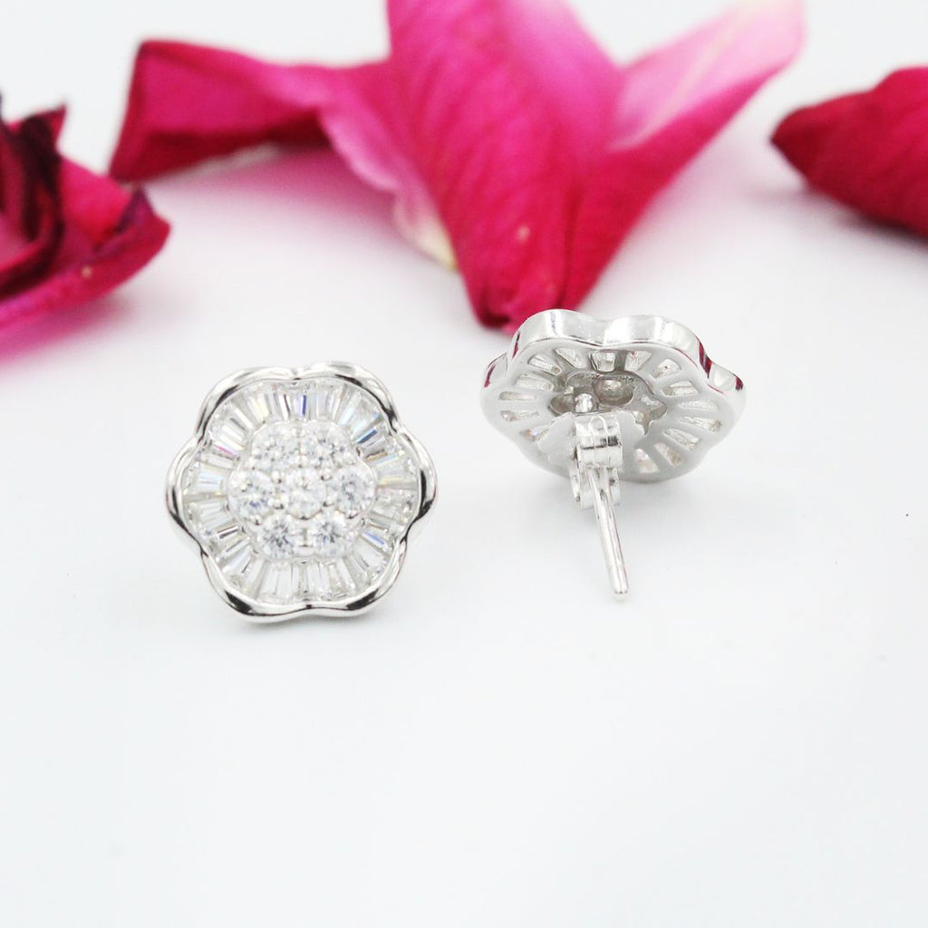 Flower 925 Sterling Silver Stud Earrings Cubic Zirconia Crystal Floral Jewelry