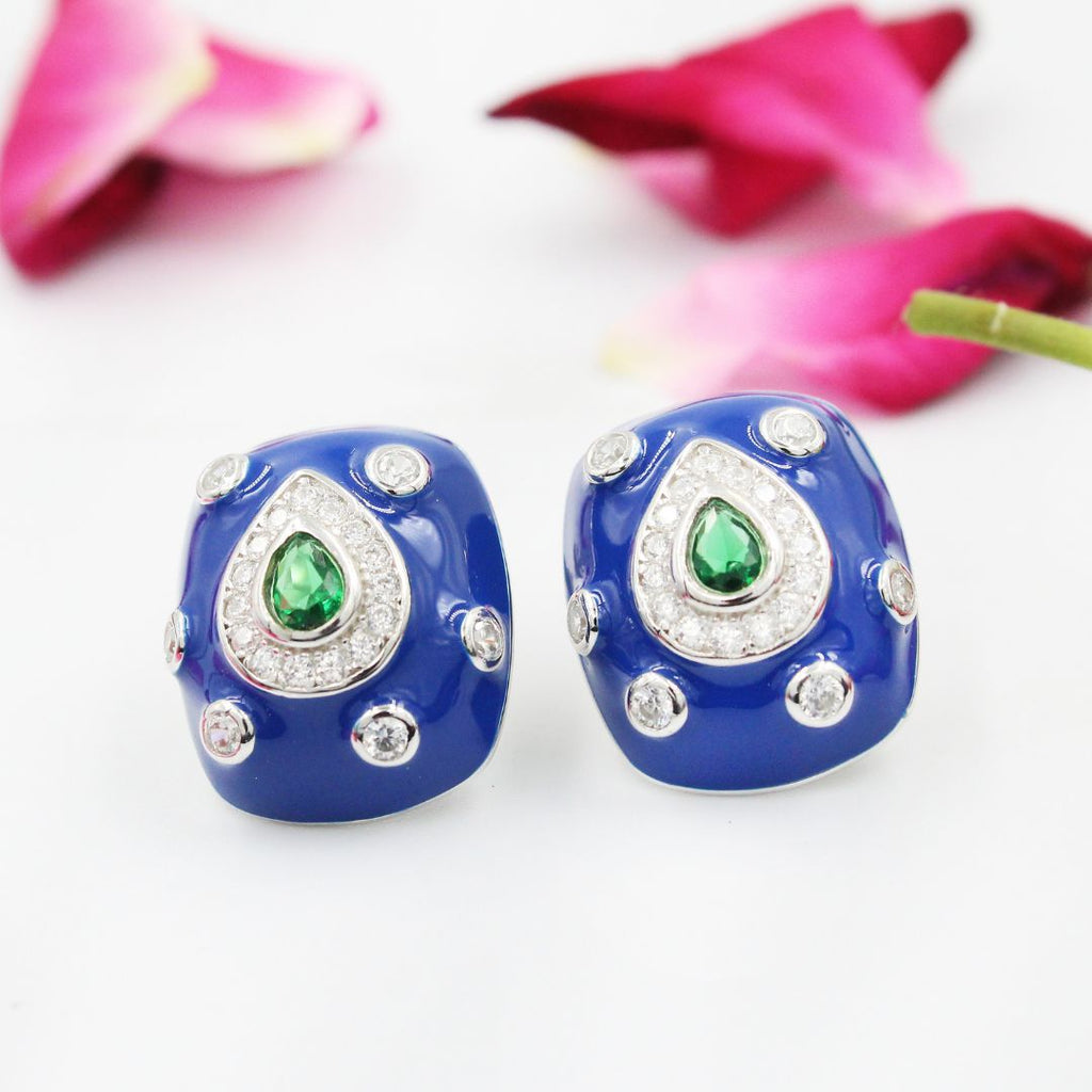 Blue Enamel 925  Sterling Silver Stud Earrings Green Crystal Teardrop, Vintage Style