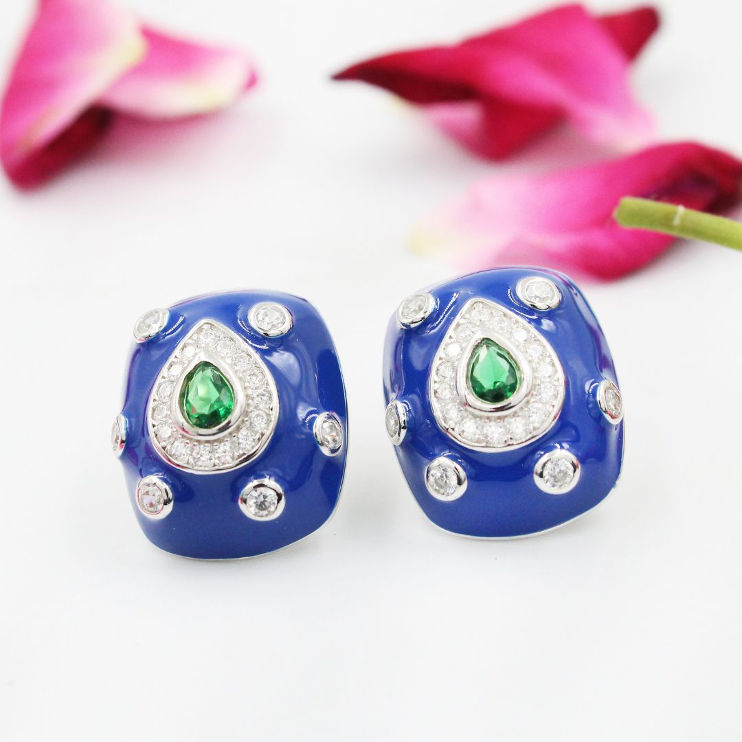 Blue Enamel 925  Sterling Silver Stud Earrings Green Crystal Teardrop, Vintage Style