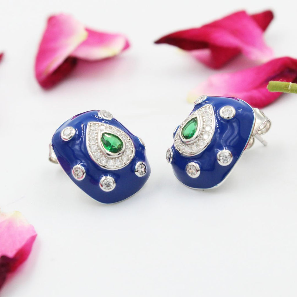 Blue Enamel 925  Sterling Silver Stud Earrings Green Crystal Teardrop, Vintage Style