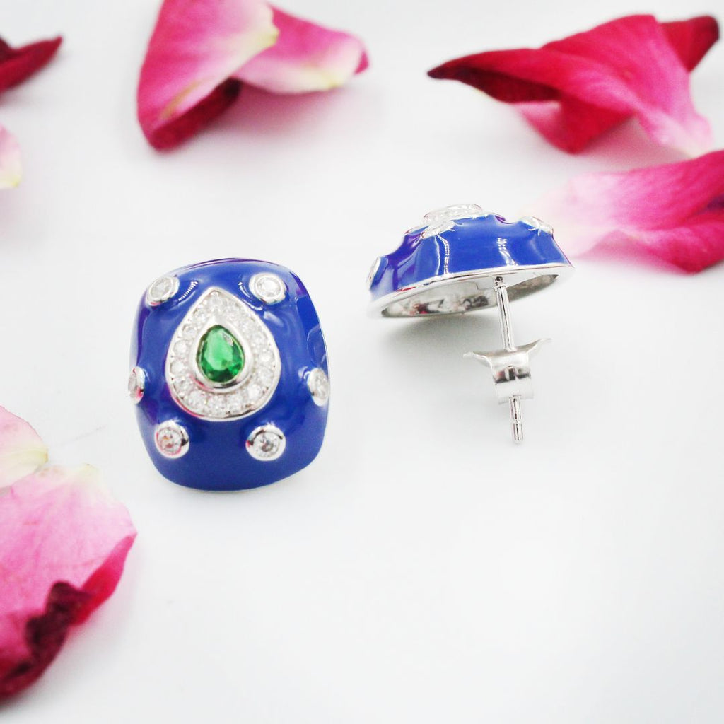 Blue Enamel 925  Sterling Silver Stud Earrings Green Crystal Teardrop, Vintage Style