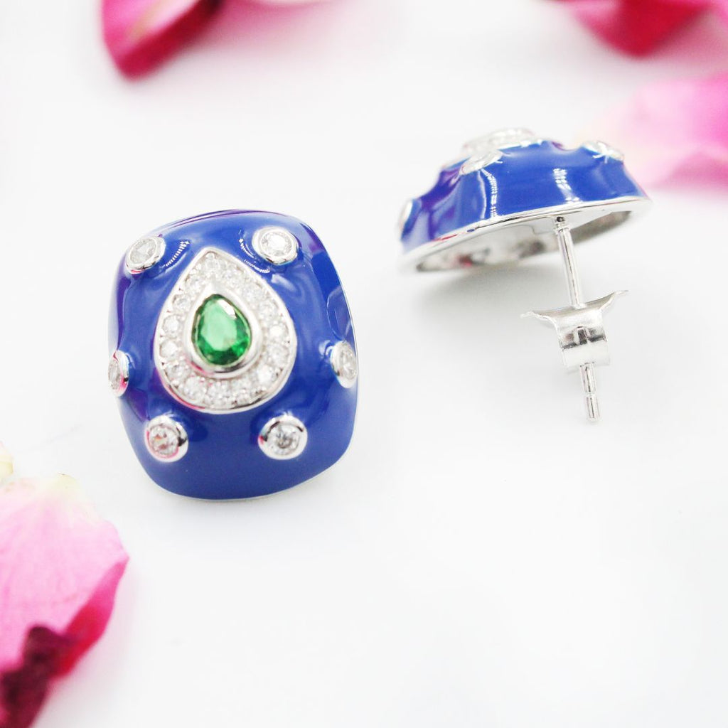 Blue Enamel 925  Sterling Silver Stud Earrings Green Crystal Teardrop, Vintage Style