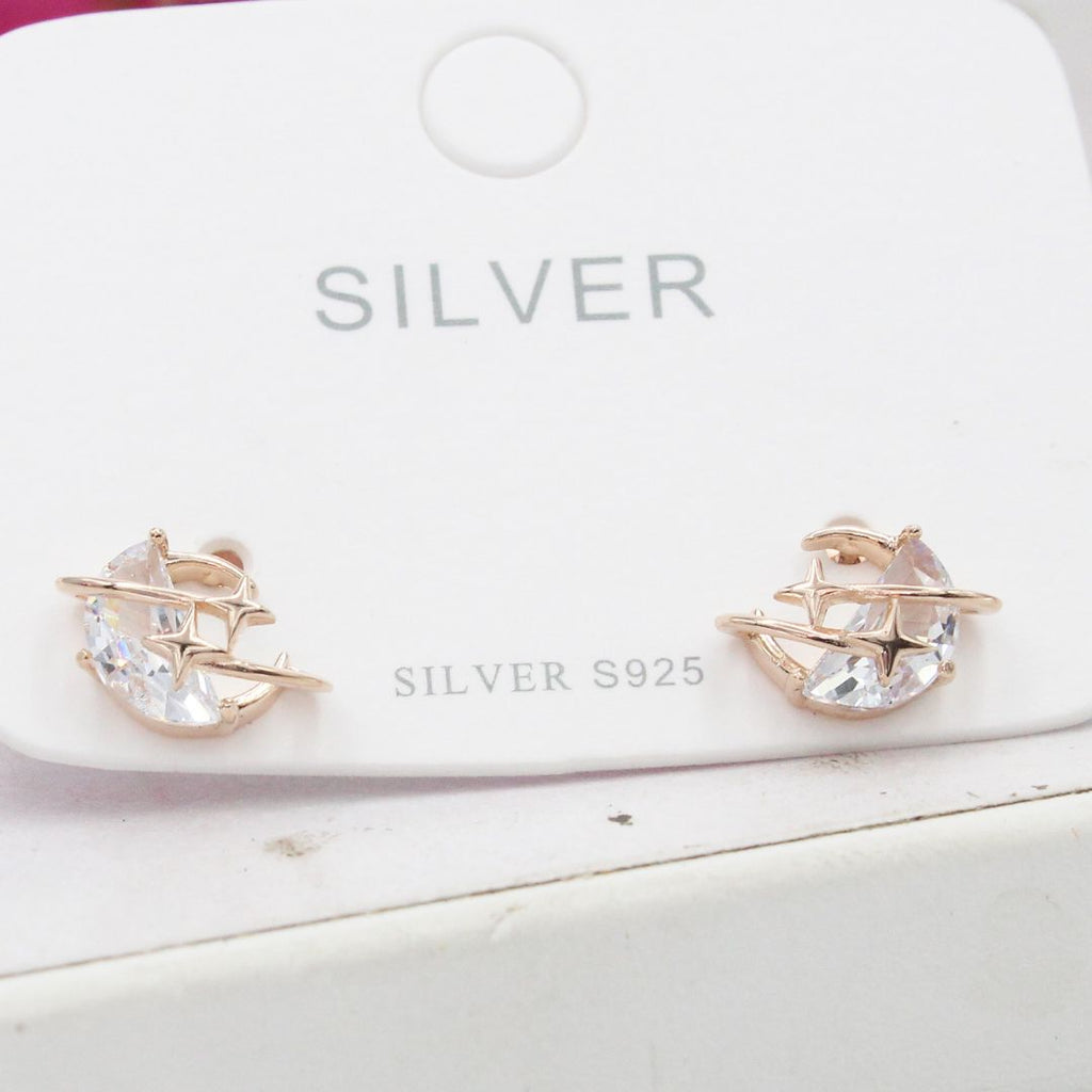 Moon and Star Stud 925 Sterling Silver Earrings Dainty Celestial Crystal Jewelry